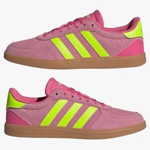 Adidas Pink Suede Sneakers with Neon Yellow Stripes and Gum Sole